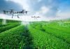imagem de dois drones pulverizando uma lavoura.