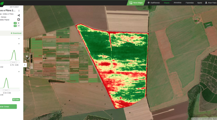 imagem de drone - sensix, vista de cima com parte da vegetação em verde e vermelho